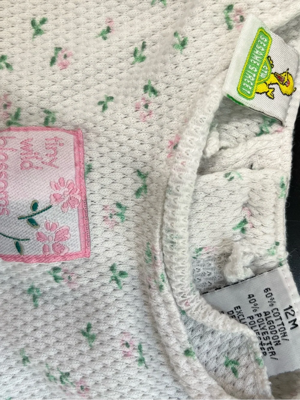 Vintage Sesame Street tiny wild blossoms Floral Textured Dress with Pink trim